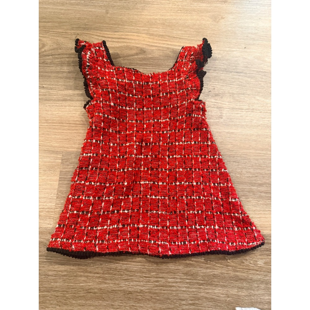 Lucky Penny Girls Red Tweed Plaid Ruffle Pom Pom Trim Special Occasion Dress